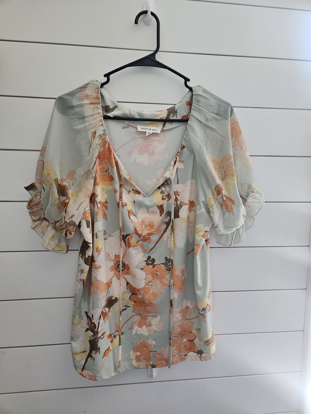 PerSeption Concept Mint Floral V-Neck Tie Front Blouse with Peach Blossoms